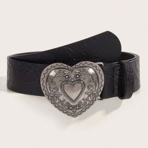 Black Embossed Belt with Silver Heart Buckle